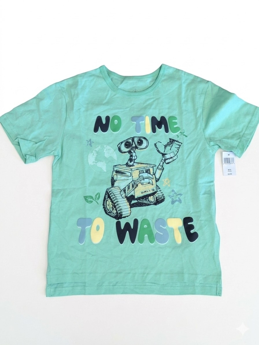 Disney Parks WALL-E Kids Shirt M 7/8 NWT Green No Time To Waste Pixar Graphic